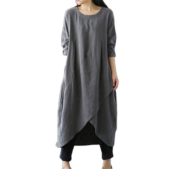 Damen Casual kleid Leinenkleid Etuikleid Midikleid Grün Schwarz Grau Langarm Einfarbig Tasche Winter Herbst Rundhalsausschnitt winterkleider damen Wochenende herbstkleider Lockere Passform 2022 M L Lightinthebox