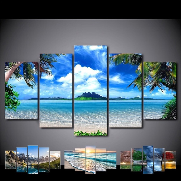 5 Paneele Landschaftsdrucke Poster/Bild Strand blau Meer Sonnenuntergang moderne Wandkunst Wandbehang Geschenk Heimdekoration gerollte Leinwand kein Rahmen ungerahmt ungedehnt Lightinthebox