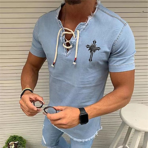 Herren Hemd Jeanshemd T Shirt Chambray-Hemd Sommerhemd Glatt Einfarbig Kreuz V Ausschnitt Schwarzgrau Marineblau Leicht Blau 3D-Druck Outdoor Casual Kurzarm Kordelzug Quaste Bekleidung Baumwolle Denim Lightinthebox