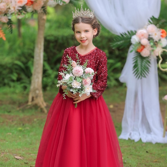 Kinderkleid für kleine Mädchen schlichtes Tüllkleid Party Performance Pailletten Schleife rot knielang Langarm süß süß Kleider Danksagung Regular Fit 4-13 Jahre Lightinthebox