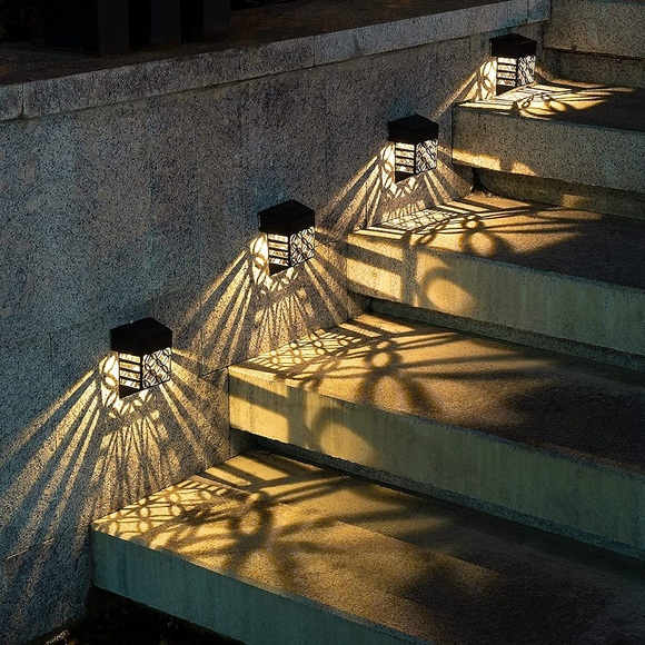 4 stücke solar wandleuchten outdoor zaun deck schritt licht hohl projektion treppe lichter wasserdichte wandleuchten hinterhof zaun stufen garten dekoration beleuchtung Lightinthebox