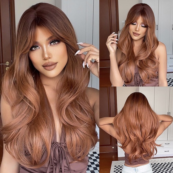 haircube ombre kastanienbraun/braun/schwarz/wein/weiß gewellte perücken coaplay langverlaufende wellenmittelteil synthetische perücken mit pony für damen Lightinthebox