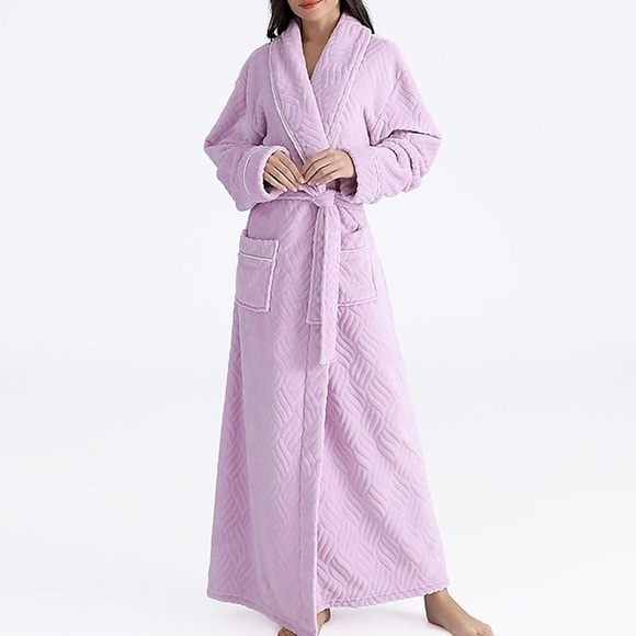Damen Schlafanzug Winter Roben Robe Bademantel Nighty Pure Color Comfort Soft Home Polyester Revers Langarm Tasche Winter Herbst Purple Wine / Flanell / Pjs Lightinthebox