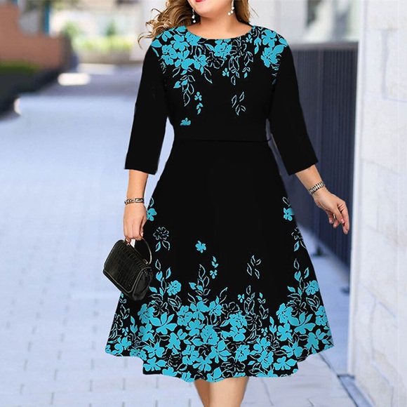 Damen Übergröße Arbeitskleidung Blumen Rundhalsausschnitt Bedruckt 3/4 Ärmel Herbst Frühling Elegant Midikleid Formal Arbeit Kleid Lightinthebox