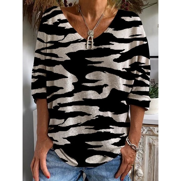 Damen T Shirt Schwarz Zebra Bedruckt 3/4 Ärmel Casual Täglich Basic V Ausschnitt Standard Farbe S / 3D-Druck Lightinthebox