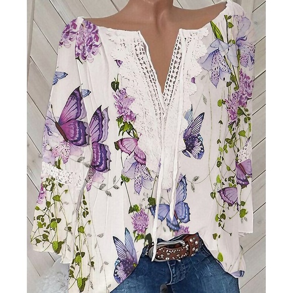 damen plus size tops bluse schmetterling mesh druck langarm v-ausschnitt basic täglich urlaub baumwolle frühling sommer weiß Lightinthebox