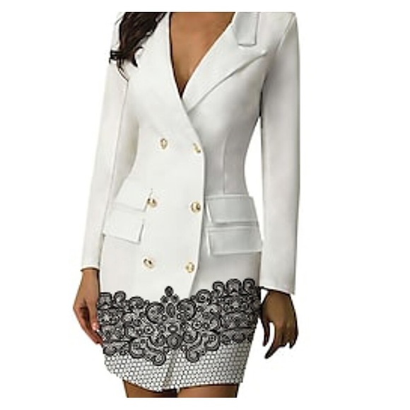 Damen Arbeitskleidung blazerkleid Weiß Langarm Bedruckt Stilvoll Frühling Sommer Kargen Geschäftlich 2023 S M L XL 2XL 3XL Lightinthebox