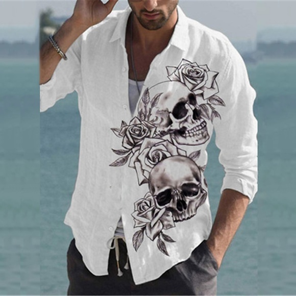 Herren Hemd Grafik-Shirt Totenkopf Motiv Umlegekragen Weiß 3D-Druck Outdoor Strasse Langarm Button-Down Bedruckt Bekleidung Modisch Designer Casual Atmungsaktiv Lightinthebox