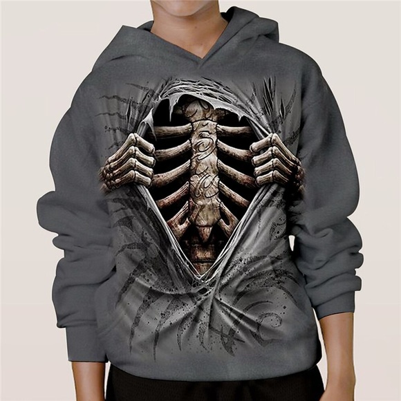 Kinder Jungen Halloween Kapuzenshirt Langarm 3D-Druck Totenkopf Motiv Tasche Grau Kinder Oberteile Herbst Winter Aktiv Modisch Sport Täglich Innen Outdoor Halloween Regular Fit 3-13 Jahre Lightinthebox