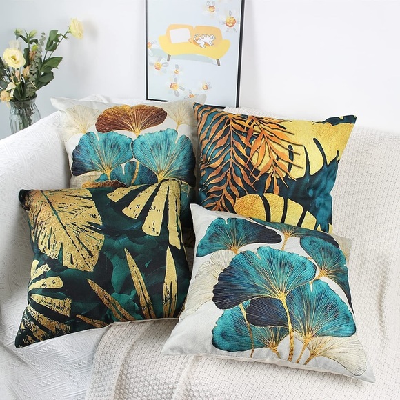 4er-Set Dekokissenbezüge offene Äste und lose Blätter Kunstleinen quadratisch dekorative Dekokissenbezüge Sofakissenbezüge Outdoor-Kissen für Sofa Couch Bettstuhl golden Lightinthebox