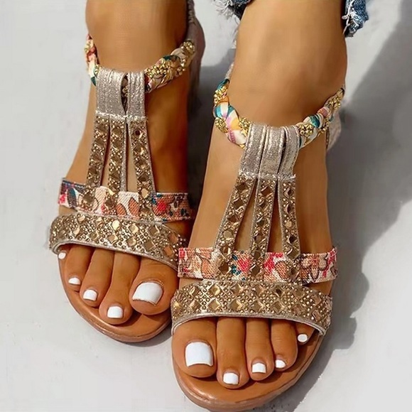 Damen Sandalen Boho Party Strand Sommer Funkelnder Glitzer Casual Süß PU Leder Gummiband Silber Gold Lightinthebox