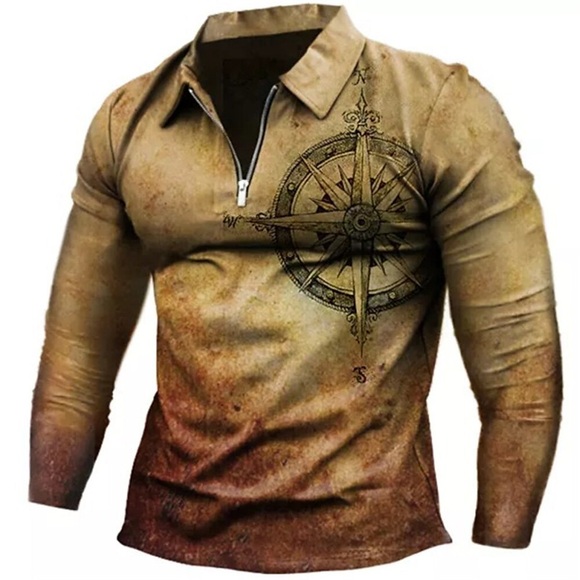 Herren Poloshirt Golfhemd Kompass Umlegekragen Khaki 3D-Druck Outdoor Strasse Langarm Zip Bedruckt Bekleidung Modisch Designer Casual Atmungsaktiv Lightinthebox