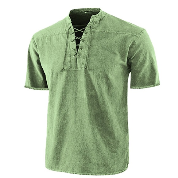 Herren Hemd leinenhemd Ständer Frühling Sommer Kurzarm Schwarz Wein Armeegrün Glatt Outdoor Strasse Bekleidung mit Schnürung Lightinthebox