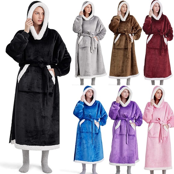 Übergroße tragbare Decke Winter-Hoodie-Decke, langes Sherpa-Fleece-Decke-Sweatshirt, mit warmer großer Kapuze, seitlichem Schlitz und Gürtel, grau, Standard Lightinthebox