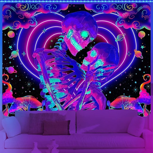 Liebhaber-Schädel-Schwarzlicht-UV-reaktiver Wandteppich, trippiger psychedelischer Schlafsaal, Wohnzimmer, Kunstdekoration, hängendes Tuch Lightinthebox
