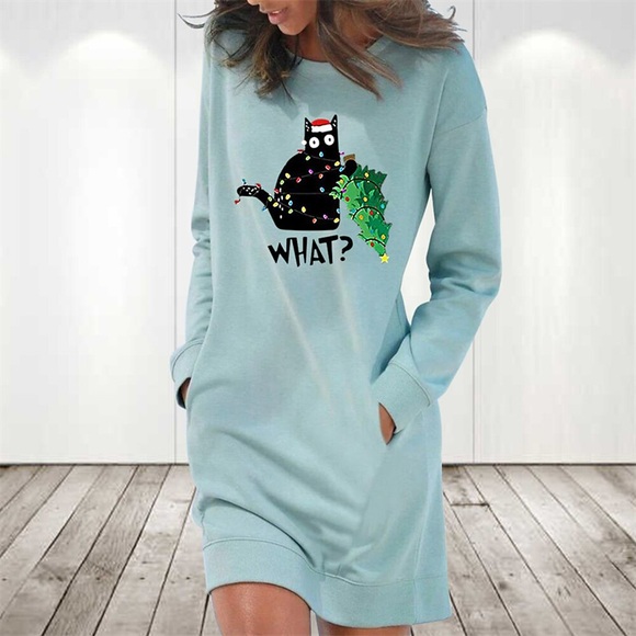 damen weihnachten hoodie kleid winterkleid hellblau grau weiß langarm kratzbaum tasche aufdruck winter herbst rundhals stylisch lässig herbstkleid loose fit 2022 s m l xl 2xl / baumwolle Lightinthebox