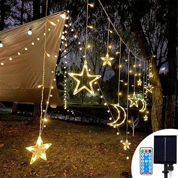 Stern-Mond-Fee-Vorhang-Lichterketten 3,5 m 138 LED-Solar-Weihnachtsdekor-Lichter LED-Girlande für Zimmer, Zuhause, Hochzeit, Party, Fensterdekoration mit Fernbedienung Lightinthebox