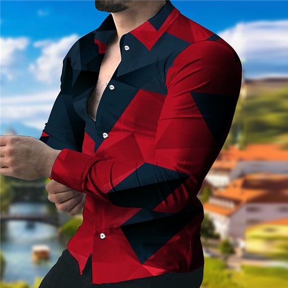 Herren Hemd Farbblock Geometrie Umlegekragen Rote 3D-Druck Outdoor Strasse Langarm Button-Down Bedruckt Bekleidung Modisch Designer Casual Atmungsaktiv Lightinthebox