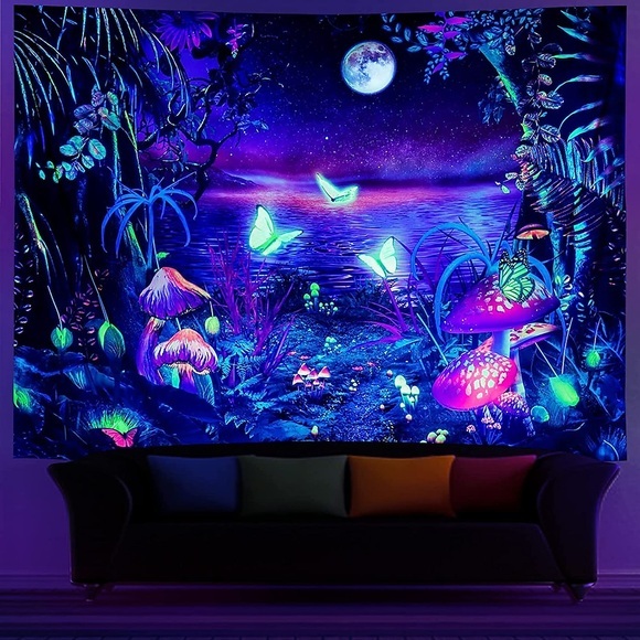 Schwarzlicht-UV-reaktiver Wandteppich, Schmetterling, Kunstdekor, Decke, Vorhang, Picknick, Tischdecke, zum Aufhängen, Zuhause, Schlafzimmer, Wohnzimmer, Wohnheim, Dekoration, Kamin, Strumpf, Lightinthebox
