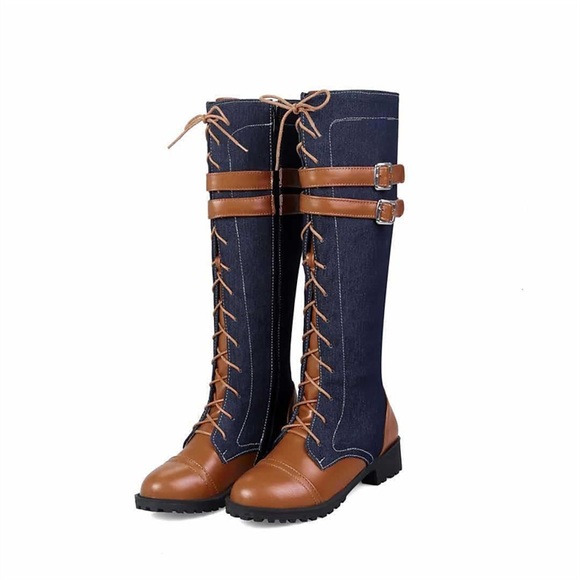 Damen Stiefel Schnürstiefel Outdoor Täglich Kniehohe Stiefel Winter Schnalle Schnürsenkel Blockabsatz Runde Zehe Vintage Casual Minimalismus PU Leder Denim Jeans Reißverschluss Farbblock Schwarz Blau Lightinthebox