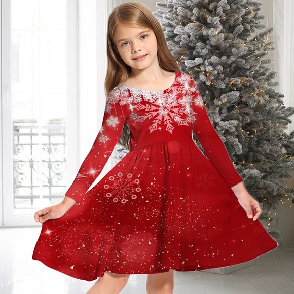 Kinder Mädchen Weihnachten Schneeflockenkleid Freizeitkleid Weihnachtsgeschenke Lässig Rundhalsausschnitt Weinrot über dem Knie Langarm Entzückende Alltagskleider Weihnachten Winter Herbst Normale Passform 3-10 Jahre Lightinthebox