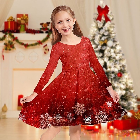 Kinder Mädchen Kleid Schneeflocke Freizeitkleid über dem Knie Kleid Geschenke Rundhalsausschnitt Langarm entzückendes Kleid 2-13 Jahre Winter rot Lightinthebox