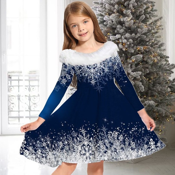 Kinder Mädchen Kleid Schneeflocke Freizeitkleid über dem Knie Kleid Geschenke Pelzbesatz Rundhalsausschnitt Langarm entzückendes Kleid 2-13 Jahre Winter blau wein Lightinthebox