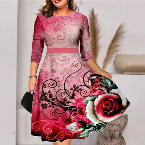 Damen Übergröße Arbeitskleidung Blumen Rundhalsausschnitt 3/4 Ärmel Winter Herbst Stilvoll Büro Midikleid Arbeit Ausgehen Kleid Lightinthebox