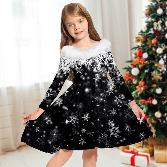 Kinder Mädchen Kleid Schneeflocke Freizeitkleid über dem Knie Kleid Geschenke Pelzbesatz Langarm entzückendes Kleid 2-13 Jahre Winter schwarz blau lila Lightinthebox