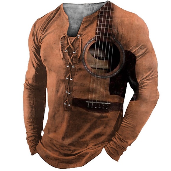 Herren T Shirt Tee Graphic Gitarre Musikinstrument Kragen Violett Grün Blau Purpur Gelb 3D-Druck Outdoor Strasse Langarm mit Schnürung Bedruckt Bekleidung Basic Designer Casual Klassisch Lightinthebox