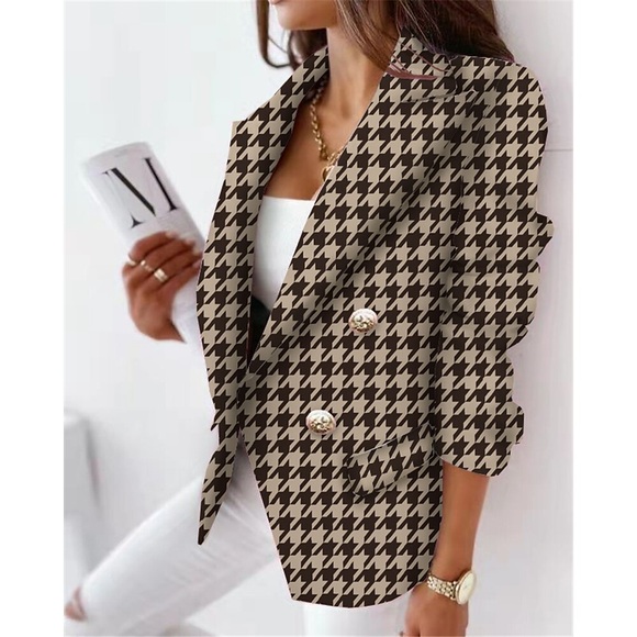 Damen Blazer Atmungsaktiv Formal B¨¹ro Arbeit Tragen Sie, um zu arbeiten Mit Taschen Bedruckt Doppelreihiger Verschluss Umlegekragen Elegant Formell Modern Büro / Geschäftlich Hahnentrittmuster Lightinthebox