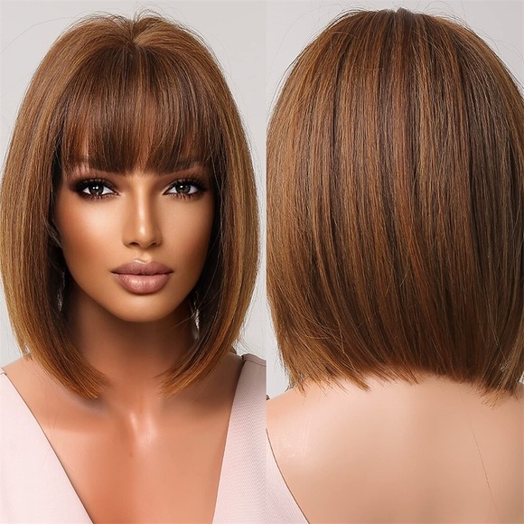 braune Perücken für Damen kurze Bob-Perücken mit Pony synthetisches Naturhaar niedliche Cosplay-Perücke Lightinthebox
