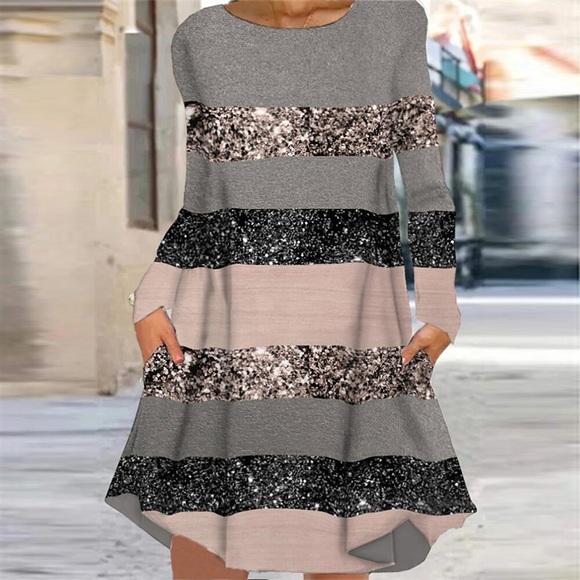 Damen Casual kleid Sweatkleid Etuikleid Minikleid Grau Langarm Gestreift Tasche Winter Herbst Frühling Rundhalsausschnitt Modisch Täglich 2023 S M L XL XXL 3XL Lightinthebox