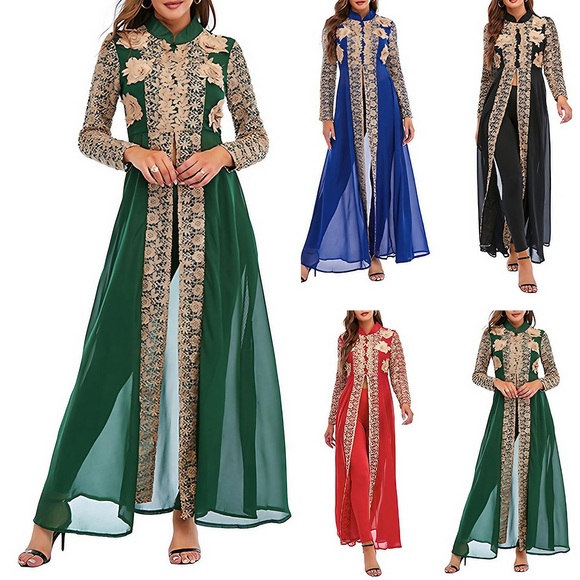 Damen Kaftan Kleid kleid lang Grün Schwarz Blau Langarm Blumen Bestickt Winter Herbst Ständer Romantisch winterkleider damen herbstkleider 2022 S M L XL XXL Lightinthebox