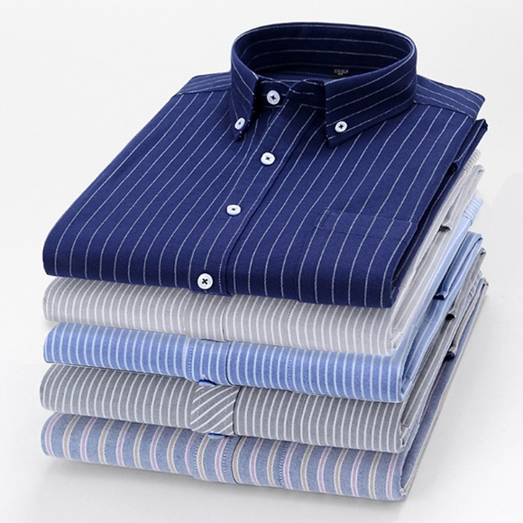 Herren Oberhemd Hemd Kragenhemd Bügelfreies Hemd Oxford Hemd Umlegekragen Frühling Herbst Langarm SchwarzWeißMarineblau Weiß Marineblau Gestreift Hochzeit Outdoor Bekleidung Button-Down Lightinthebox