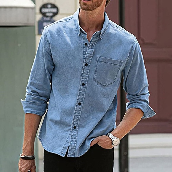 Herren Knopfhemd Jeanshemd Lässiges Hemd Chambray-Hemd Sommerhemd Glatt Kargen Schwarz Himmelblau Dunkelgrün Kaki Hellgrau Outdoor Freizeitskleidung Langarm Tasche Bekleidung Denim Strassenmode Casual Lightinthebox