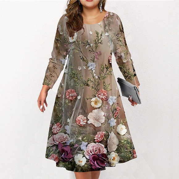 Damen Übergröße Arbeitskleidung Tier Rundhalsausschnitt Langarm Winter Herbst Modisch Elegant Modern Midikleid B¨¹ro Arbeit Kleid Lightinthebox