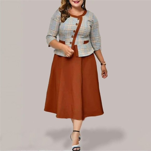 Damen Übergröße Arbeitskleidung Plaid Rundhalsausschnitt 3/4 Ärmel Winter Herbst Modisch Elegant Modern Midikleid B¨¹ro Arbeit Kleid Lightinthebox