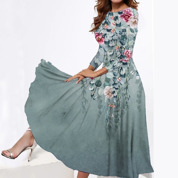 Damen Casual kleid Schaukelkleid Midikleid Blau Grün Grau Langarm Blume Tasche Winter Herbst Frühling Rundhalsausschnitt Modisch Täglich Wochenende 2023 S M L XL XXL 3XL Lightinthebox