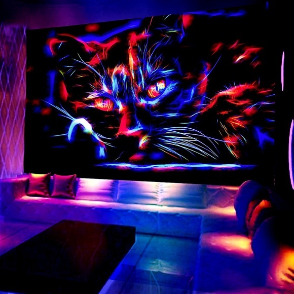 Galaxie Katze Schwarzlicht UV-reaktiver Wandteppich, Kunstdekor, Decke, Vorhang, Picknick, Tischdecke, zum Aufhängen, Zuhause, Schlafzimmer, Wohnzimmer, Wohnheim, Dekoration, Polyester Lightinthebox