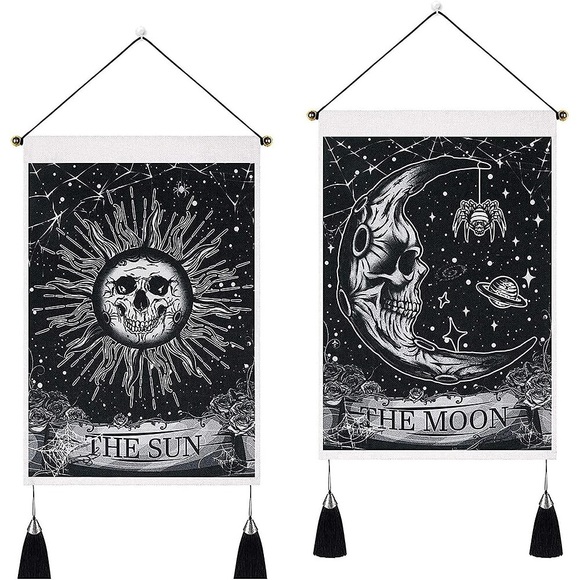 Packung mit 2 Tarot Divination gewebte böhmische Wandteppiche Kunstdekor Decke Vorhang zum Aufhängen Zuhause Schlafzimmer Wohnzimmer Dekoration nordische Baumwolle Leinen Quaste Mond Sterne Sonne 35,6 Lightinthebox