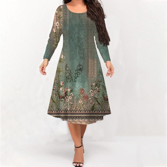 Damen Übergröße Arbeitskleidung Blumen Rundhalsausschnitt Bedruckt Langarm Winter Herbst Modisch Modern Midikleid B¨¹ro Arbeit Kleid Lightinthebox