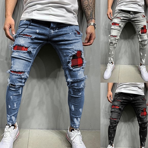 Herren Hose Hosen Jeans Tasche Zerrissen Gitter tragbar Outdoor Täglich Festtage Baumwollmischung Basic Modisch Schwarz Dunkelblau Mikro-elastisch Lightinthebox