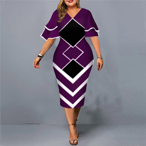 Damen Übergröße Arbeitskleidung Geometrisch V Ausschnitt Kurzarm Winter Herbst Modisch Elegant Modern Midikleid Formal B¨¹ro Kleid Lightinthebox