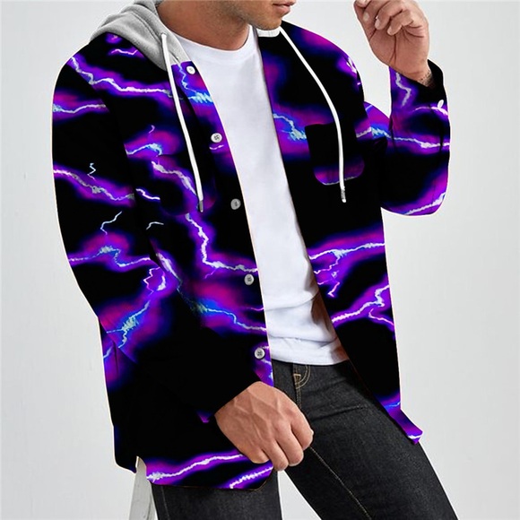 Herren Hemd Blitz Grafik-Drucke Mit Kapuze Schwarz Weiß Purpur Grau Outdoor Strasse Langarm Bedruckt Bekleidung Modisch Designer Casual Weich Lightinthebox