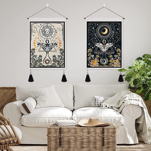 Packung mit 2 Tarot Divination gewebte böhmische Wandteppiche nordische Baumwolle Leinen Quaste Art Decor Decke Vorhang hängend Zuhause Schlafzimmer Wohnzimmer Dekoration Mond Sonne Schmetterling 35,6 Lightinthebox