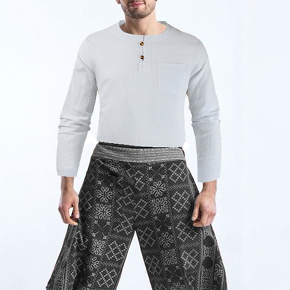 Herren Hemd leinenhemd Rundhalsausschnitt Herbst Frühling Langarm Schwarz Weiß Blau Glatt Outdoor Täglich Bekleidung Lightinthebox