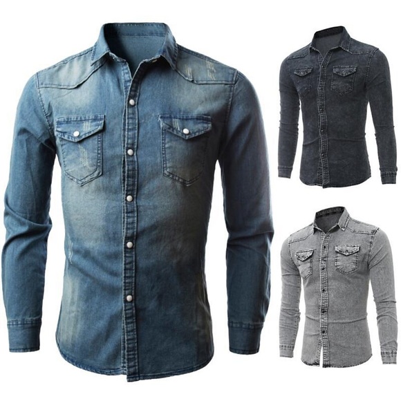 Herren Jeanshemd Knopfhemd Lässiges Hemd Chambray-Hemd Sommerhemd Glatt Kargen Blau Hell Gray Hell Gray Outdoor Strasse Langarm Tasche Bekleidung Vintage Casual Komfortabel Lightinthebox
