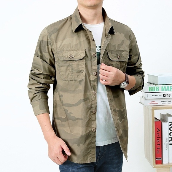 Herren Hemd Knopfhemd Lässiges Hemd Sommerhemd camuflaje Kargen Kaki Armeegrün Grau Outdoor Büro / Geschäftlich Langarm Tasche Bekleidung Modisch Geschäftlich Casual Lightinthebox