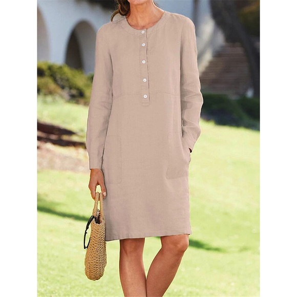 Damen Baumwoll-Leinenkleid Casual kleid Etuikleid Minikleid Baumwolle und Leinen Basic Casual Outdoor Täglich Rundhalsausschnitt Taste Tasche Langarm Herbst Frühling 2023 Lockere Passform Kaki Grau Lightinthebox